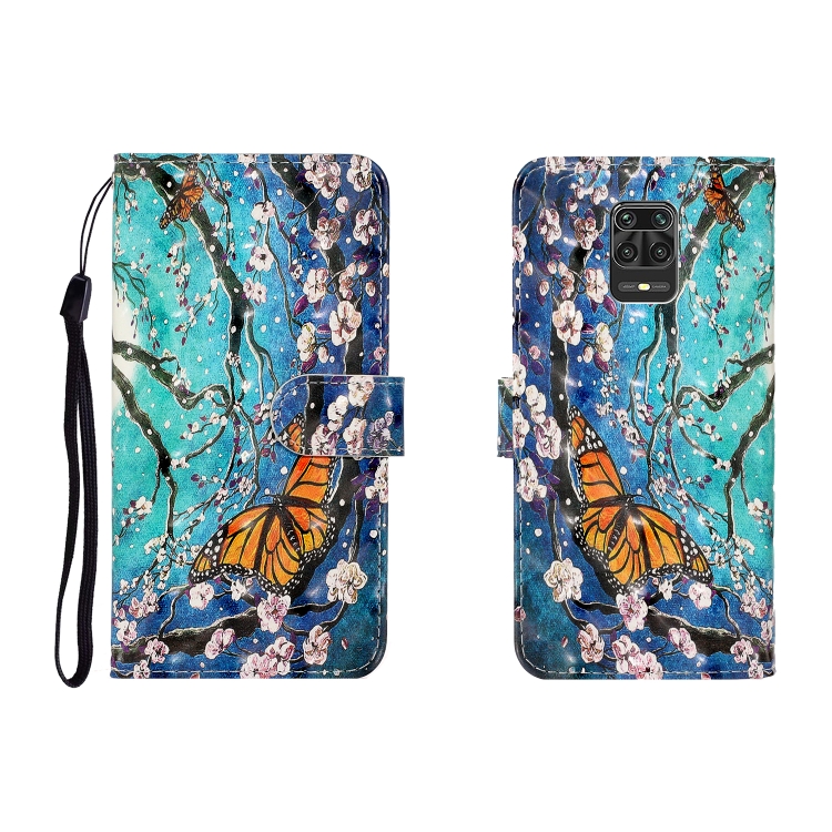 Pour Xiaomi Redmi Note 9 Pro 3D dessin coloré étui en cuir à rabat horizontal avec support et fente pour carte et portefeuille (papillon violet)