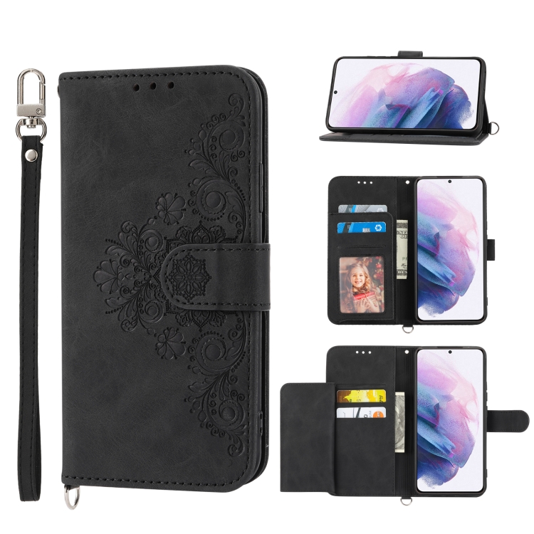 

For Samsung Galaxy S22+ 5G Skin-feel Flowers Embossed Wallet Leather Phone Case(Black)