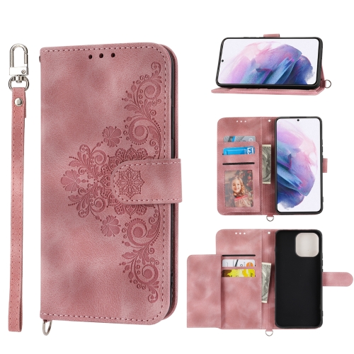 

For Samsung Galaxy S21 5G Skin-feel Flowers Embossed Wallet Leather Phone Case(Pink)