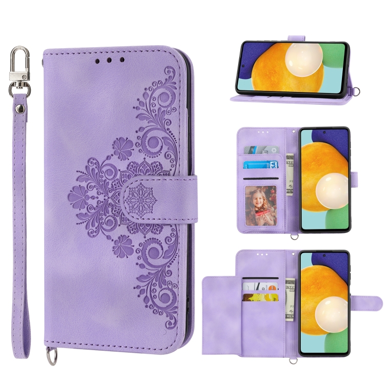 

For Samsung Galaxy A23 Skin-feel Flowers Embossed Wallet Leather Phone Case(Purple)