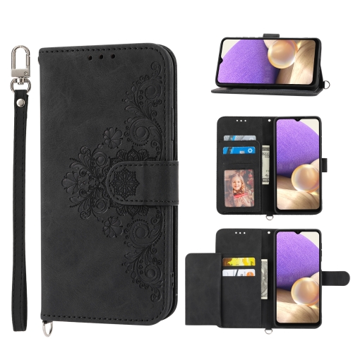 

For Samsung Galaxy A13 4G / 5G Skin-feel Flowers Embossed Wallet Leather Phone Case(Black)