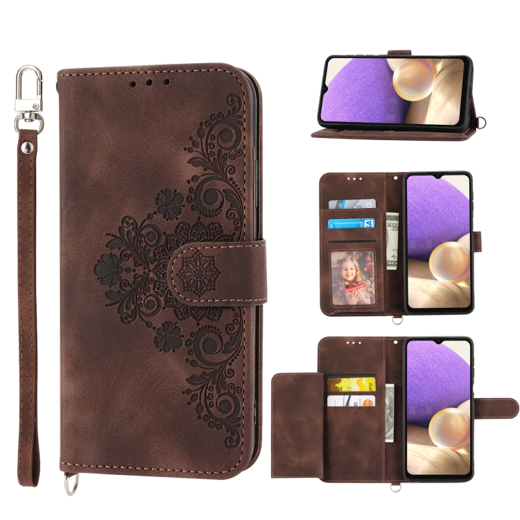

For Samsung Galaxy A13 4G / 5G Skin-feel Flowers Embossed Wallet Leather Phone Case(Brown)