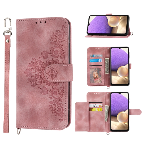 

For Samsung Galaxy A32 4G Skin-feel Flowers Embossed Wallet Leather Phone Case(Pink)