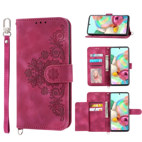 

For Samsung Galaxy A51 4G Skin-feel Flowers Embossed Wallet Leather Phone Case(Wine Red)