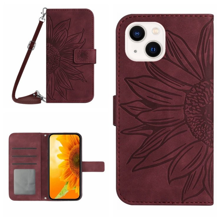 

For iPhone 13 mini Skin Feel Sun Flower Pattern Flip Leather Phone Case with Lanyard(Wine Red)