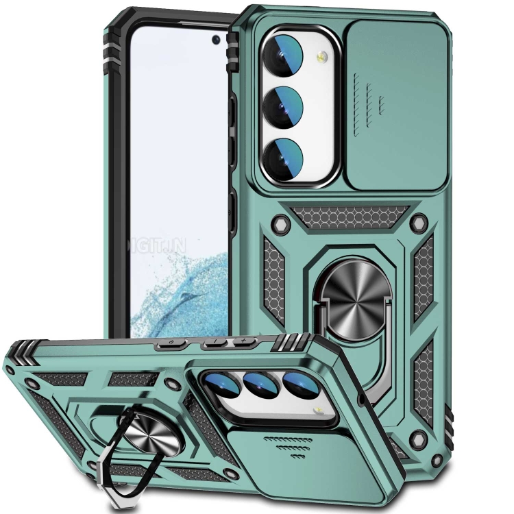 

For Samsung Galaxy S23+ 5G Sliding Camshield Holder Phone Case(Dark Green)