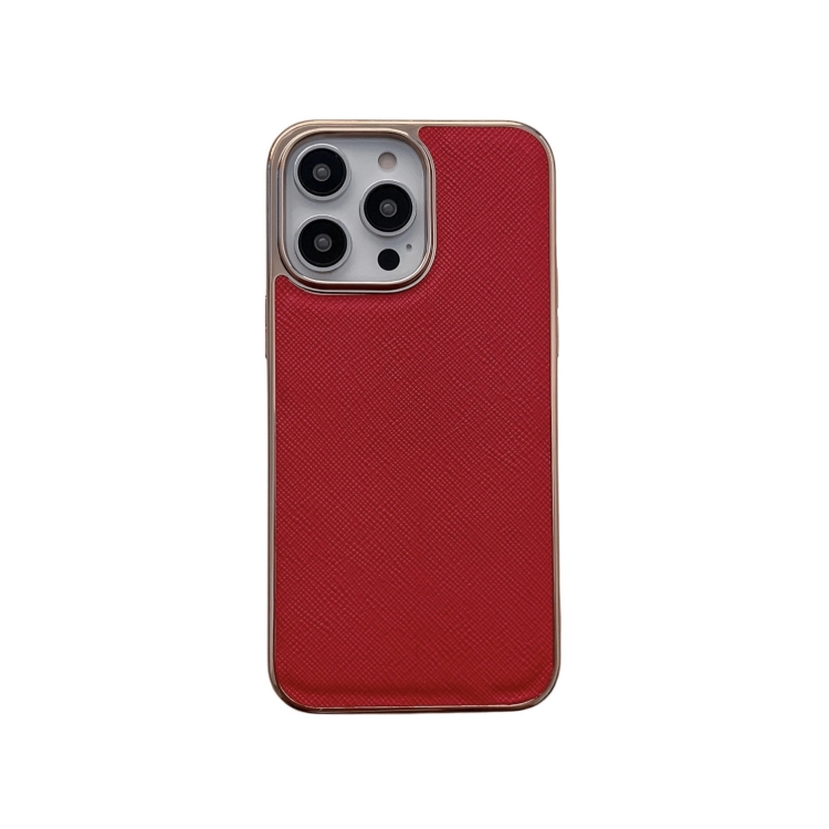 

For iPhone 14 Pro Nano Electroplating Cross Texture Genuine Leather Phone Case(Red)