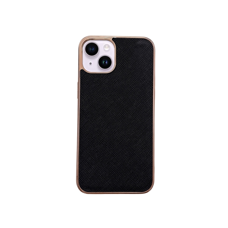 

For iPhone 13 Nano Electroplating Cross Texture Genuine Leather Phone Case(Black)