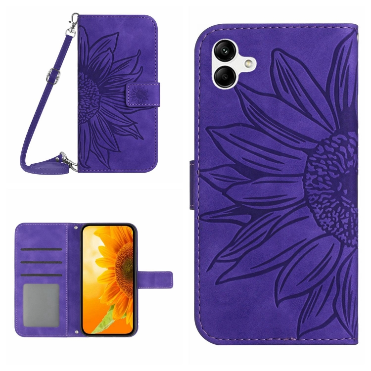 

For Samsung Galaxy A04 4G Skin Feel Sun Flower Pattern Flip Leather Phone Case with Lanyard(Dark Purple)