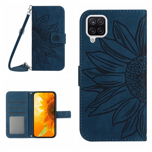 

For Samsung Galaxy A12 4G/A12 5G/M12/F12 Skin Feel Sun Flower Pattern Flip Leather Phone Case with Lanyard(Inky Blue)