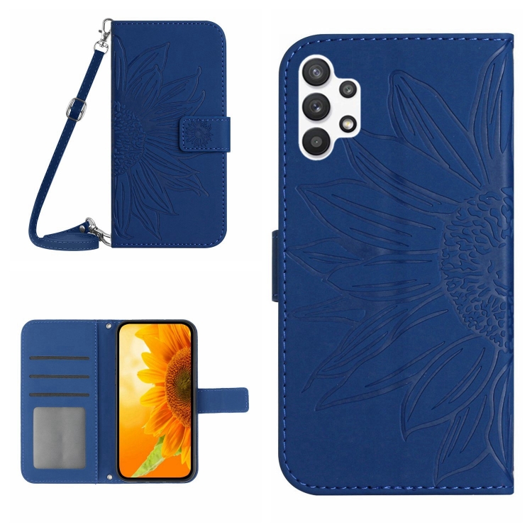 

For Samsung Galaxy A13 4G Skin Feel Sun Flower Pattern Flip Leather Phone Case with Lanyard(Dark Blue)