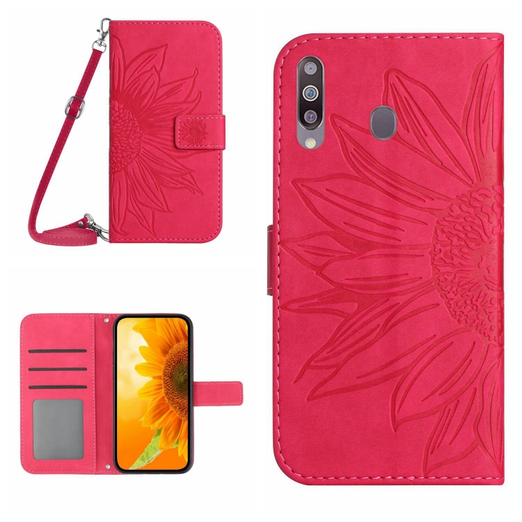 

For Samsung Galaxy A20S Skin Feel Sun Flower Pattern Flip Leather Phone Case with Lanyard(Rose Red)