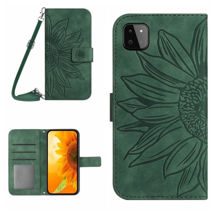 

For Samsung Galaxy A22 5G Skin Feel Sun Flower Pattern Flip Leather Phone Case with Lanyard(Green)