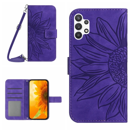 

For Samsung Galaxy A32 5G Skin Feel Sun Flower Pattern Flip Leather Phone Case with Lanyard(Dark Purple)