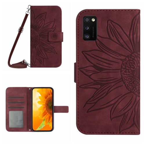 

For Samsung Galaxy A41 EU Edition Skin Feel Sun Flower Pattern Flip Leather Phone Case with Lanyard(Wine Red)