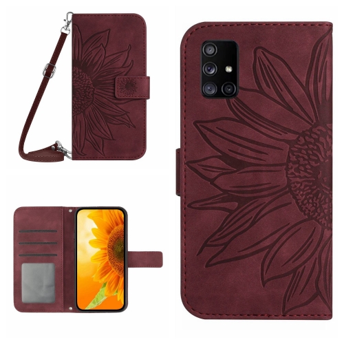 

For Samsung Galaxy A51/M40S Skin Feel Sun Flower Pattern Flip Leather Phone Case with Lanyard(Wine Red)