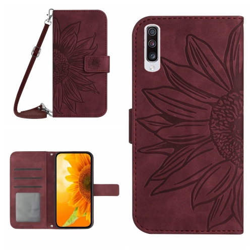 

For Samsung Galaxy A70/A70S Skin Feel Sun Flower Pattern Flip Leather Phone Case with Lanyard(Wine Red)