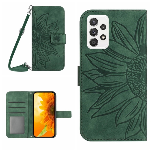 

For Samsung Galaxy A72 Skin Feel Sun Flower Pattern Flip Leather Phone Case with Lanyard(Green)