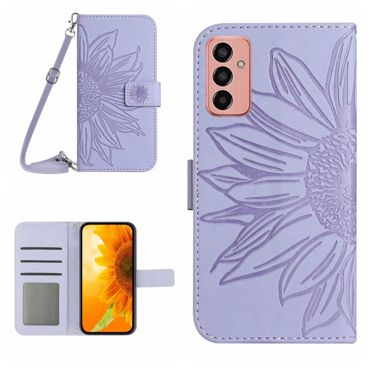 

For Samsung Galaxy M13 Skin Feel Sun Flower Pattern Flip Leather Phone Case with Lanyard(Purple)