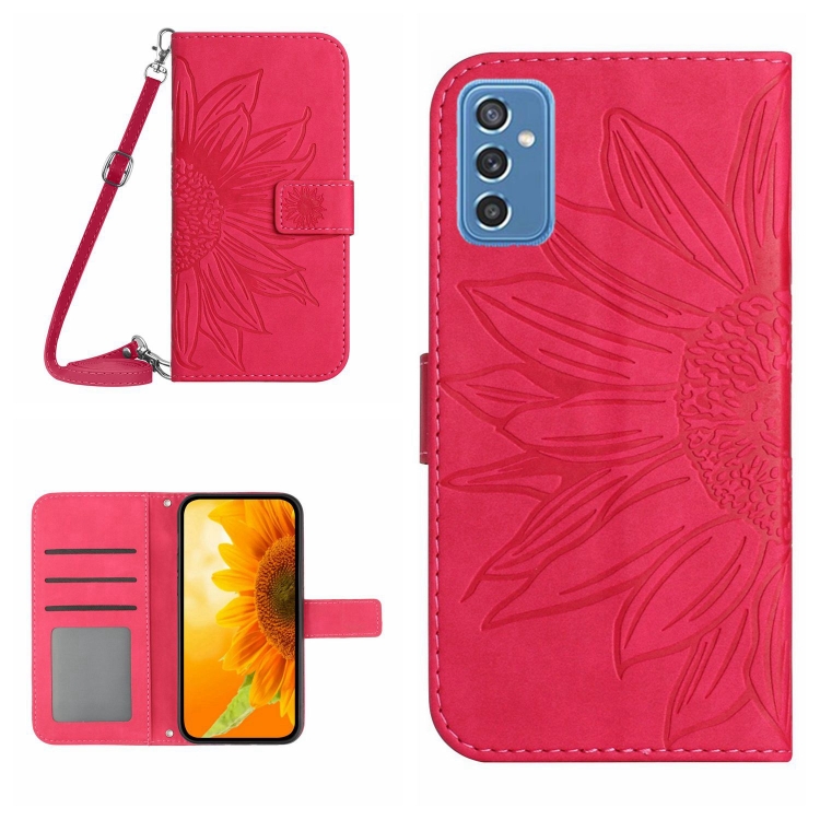 

For Samsung Galaxy M52 5G Skin Feel Sun Flower Pattern Flip Leather Phone Case with Lanyard(Rose Red)