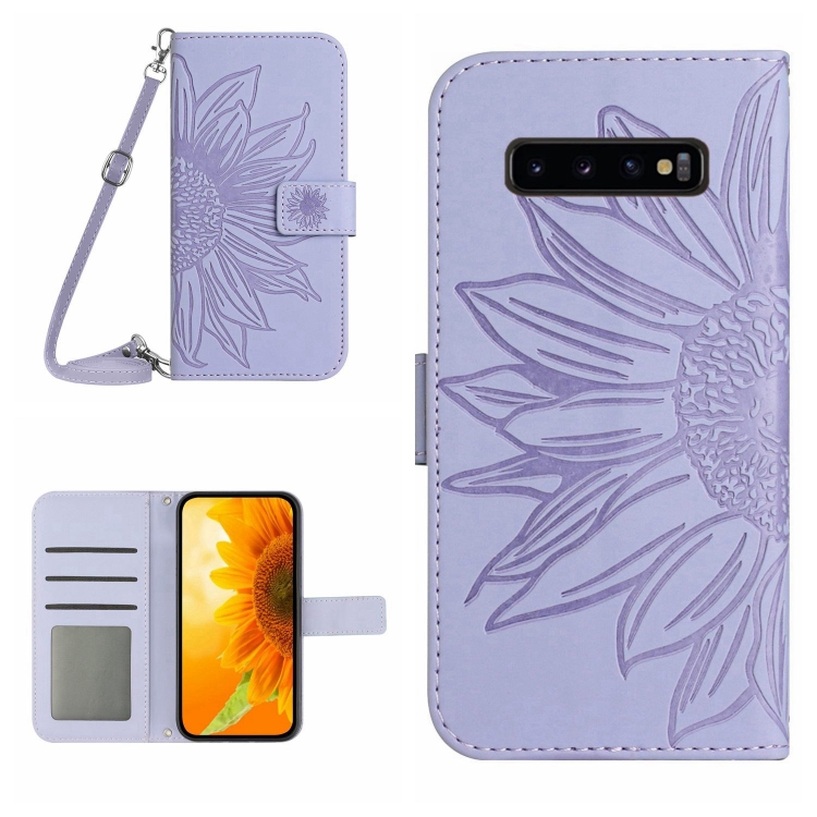 

For Samsung Galaxy S10+ Skin Feel Sun Flower Pattern Flip Leather Phone Case with Lanyard(Purple)