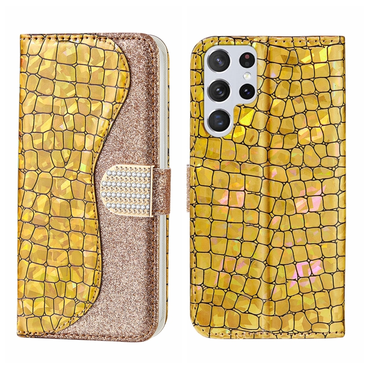 

For Samsung Galaxy S23 Ultra 5G Laser Glitter Powder Crocodile Texture Leather Phone Case(Gold)
