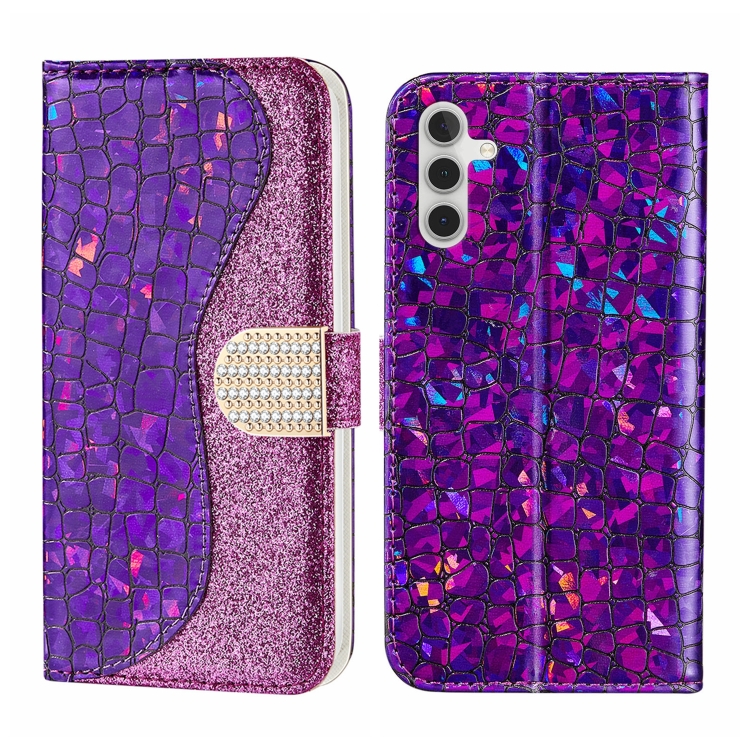 

For Samsung Galaxy A14 5G Laser Glitter Powder Crocodile Texture Leather Phone Case(Purple)