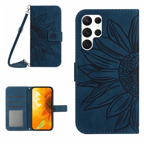 

For Samsung Galaxy S22 Ultra 5G Skin Feel Sun Flower Pattern Flip Leather Phone Case with Lanyard(Inky Blue)