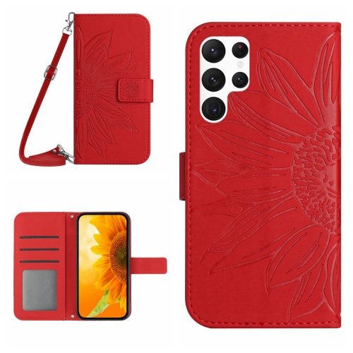 

For Samsung Galaxy S23 Ultra 5G Skin Feel Sun Flower Pattern Flip Leather Phone Case with Lanyard(Red)