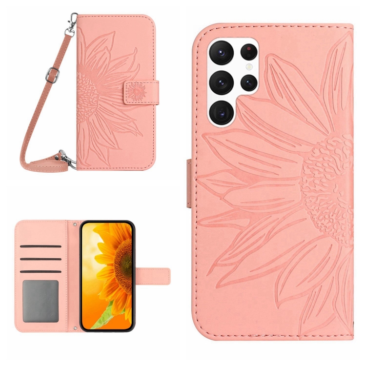 

For Samsung Galaxy S23 Ultra 5G Skin Feel Sun Flower Pattern Flip Leather Phone Case with Lanyard(Pink)