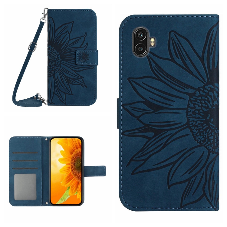 

For Samsung Galaxy Xcover6 Pro Skin Feel Sun Flower Pattern Flip Leather Phone Case with Lanyard(Inky Blue)