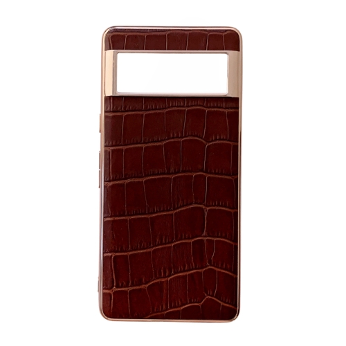 

For Google Pixel 7 Crocodile Texture Genuine Leather Electroplating Phone Case(Brown)