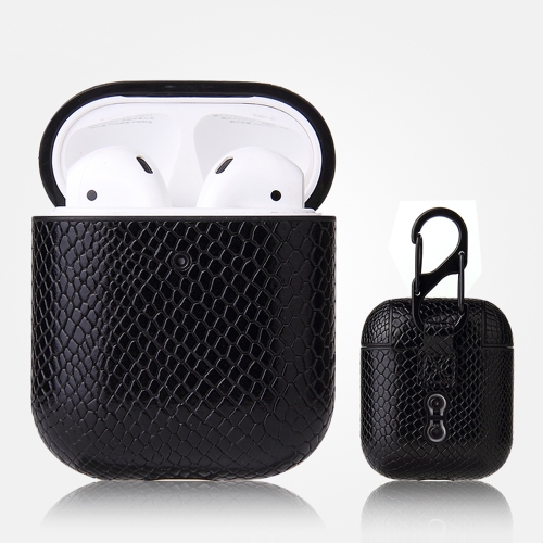

For AirPods 1 & 2 Anti-fall Snakeskin Texture PU Leather Protective Case with Carabiner(Black)
