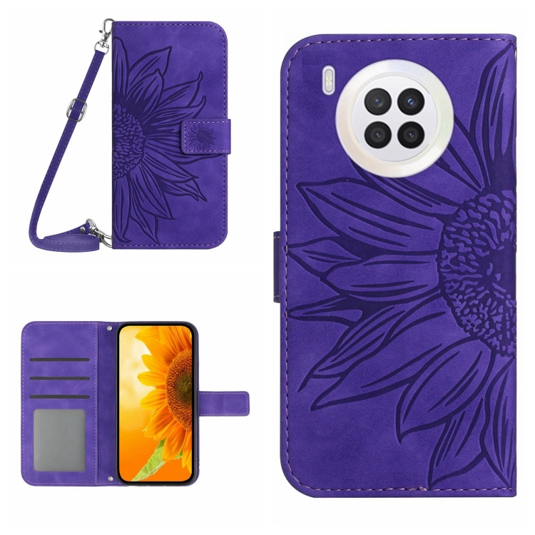 

For Honor 50 Lite Skin Feel Sun Flower Pattern Flip Leather Phone Case with Lanyard(Dark Purple)