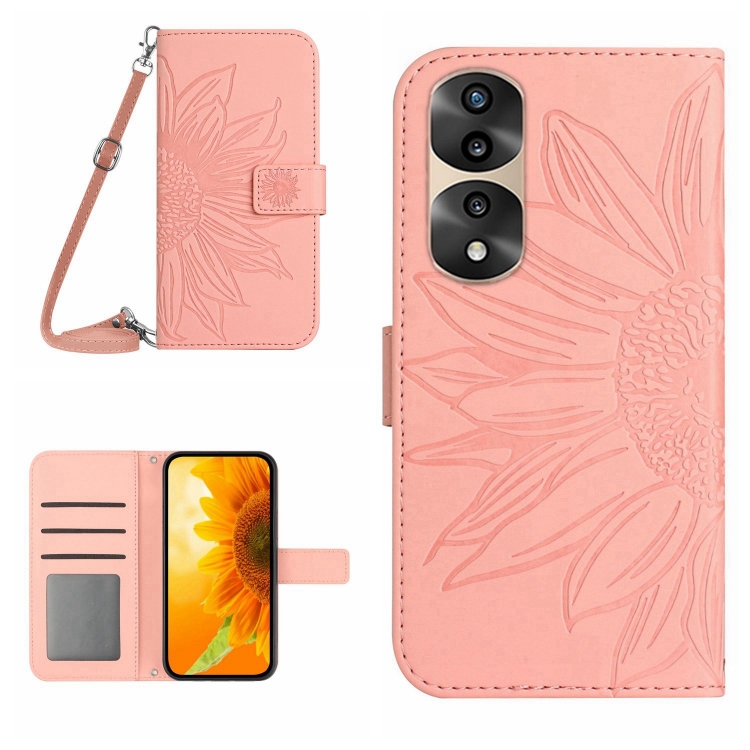 

For Honor 70 Pro+ Skin Feel Sun Flower Pattern Flip Leather Phone Case with Lanyard(Pink)