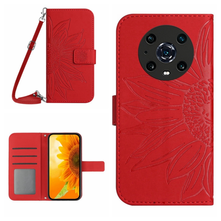 

For Honor Magic4 Pro Skin Feel Sun Flower Pattern Flip Leather Phone Case with Lanyard(Red)