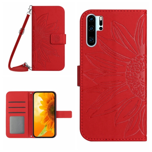 

For Huawei P30 Pro Skin Feel Sun Flower Pattern Flip Leather Phone Case with Lanyard(Red)