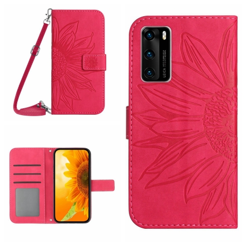 

For Huawei P40 Skin Feel Sun Flower Pattern Flip Leather Phone Case with Lanyard(Rose Red)