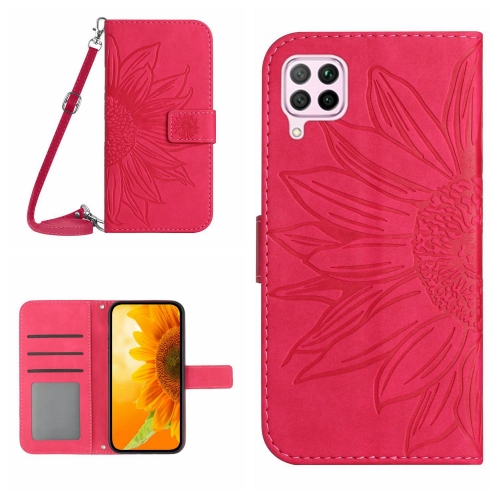 

For Huawei P40 Lite Skin Feel Sun Flower Pattern Flip Leather Phone Case with Lanyard(Rose Red)