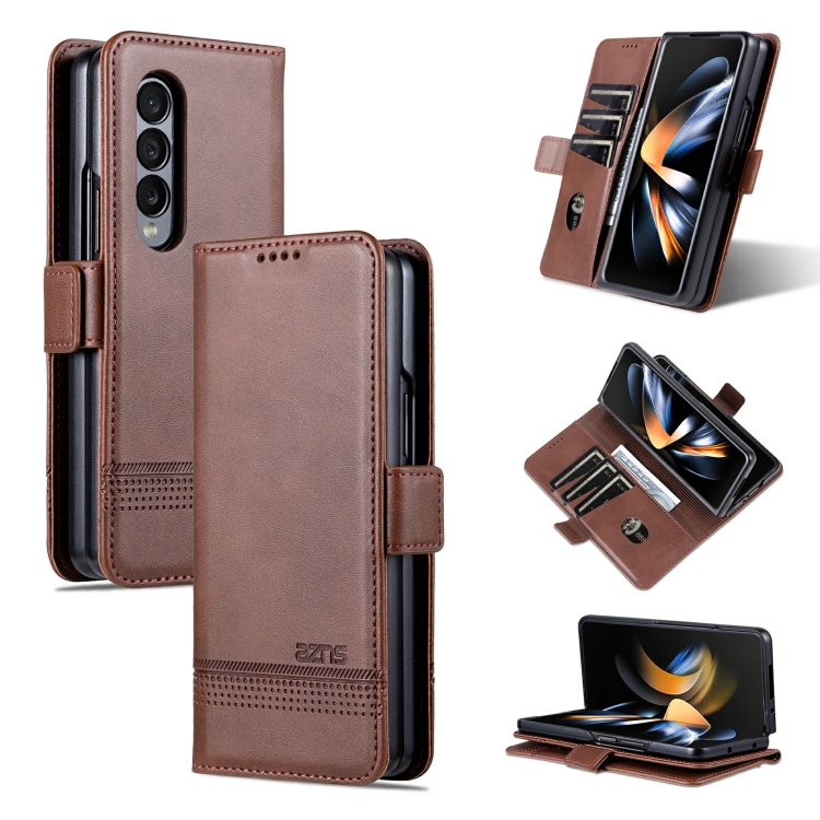 

For Samsung Galaxy Z Fold3 5G AZNS Magnetic Calf Texture Horizontal Flip Leather Phone Case(Dark Brown)