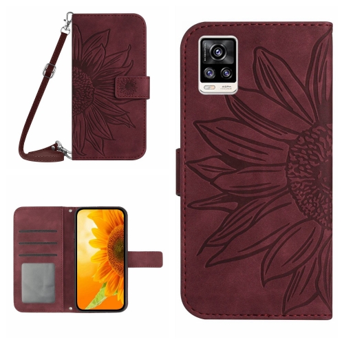 

For vivo S7 5G/V20 Pro/S7t 5G Skin Feel Sun Flower Pattern Flip Leather Phone Case with Lanyard(Wine Red)