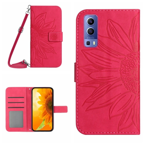 

For vivo Y72 5G/iQOO Z3/Y52 5G/Y53S Skin Feel Sun Flower Pattern Flip Leather Phone Case with Lanyard(Rose Red)