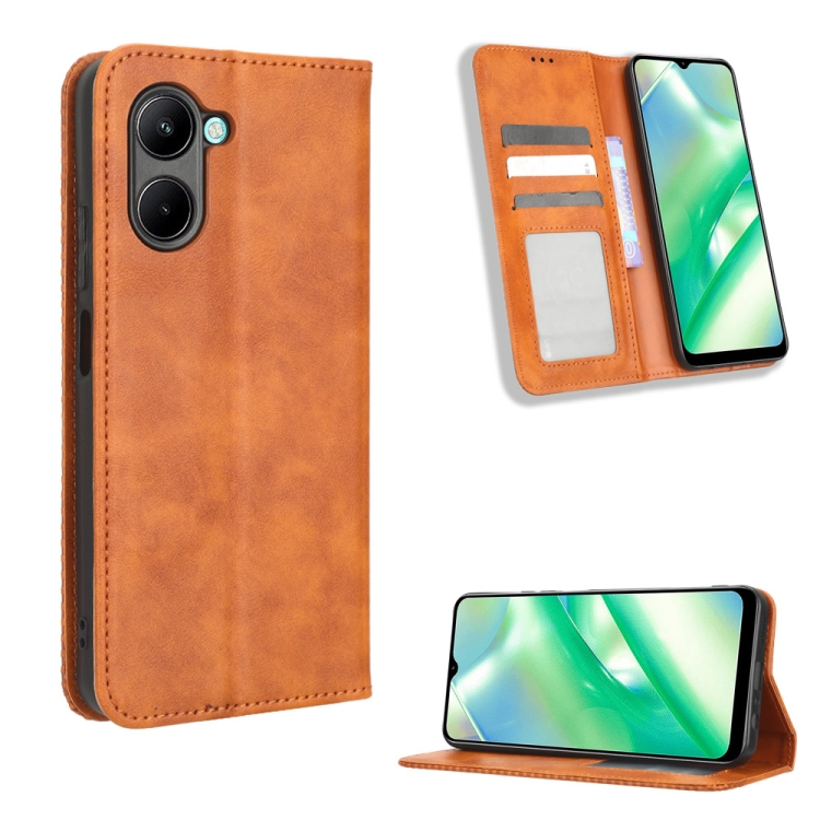 

For Realme C33 4G Magnetic Buckle Retro Texture Leather Phone Case(Brown)
