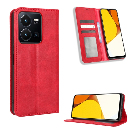 

For vivo Y35 4G / Y22s 4G / Y22 4G 2022 Magnetic Buckle Retro Texture Leather Phone Case(Red)