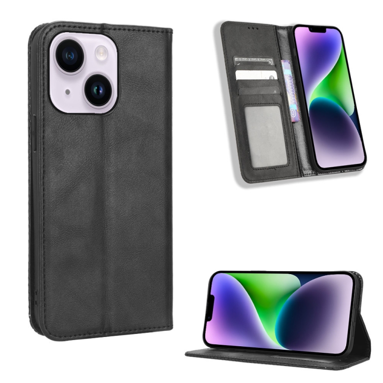 

For iPhone 14 Plus Magnetic Buckle Retro Texture Leather Phone Case(Black)