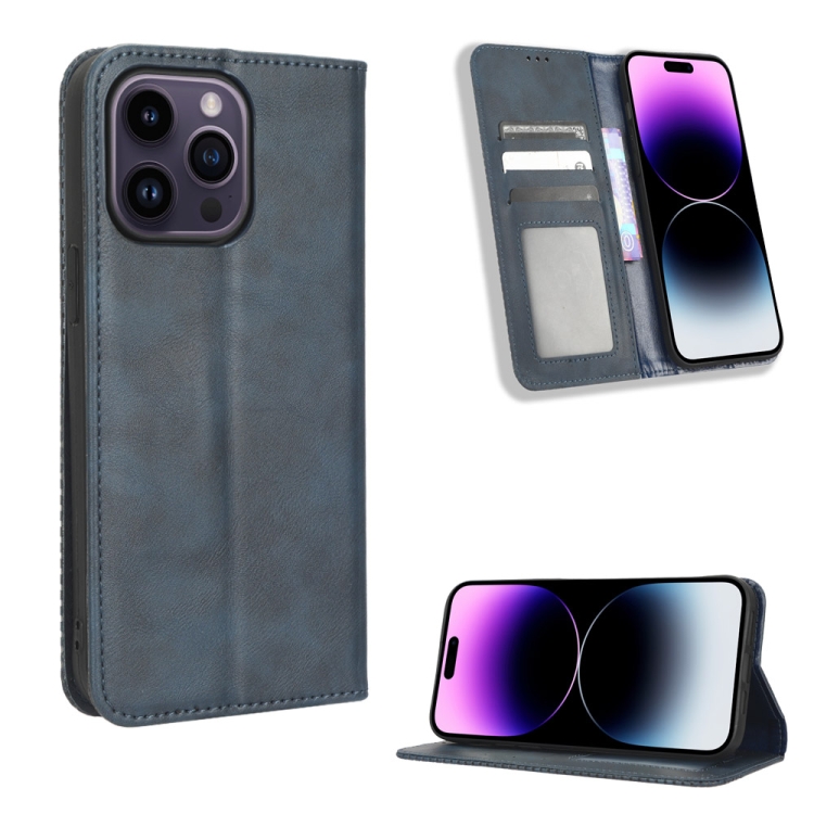 

For iPhone 14 Pro Max Magnetic Buckle Retro Texture Leather Phone Case(Blue)