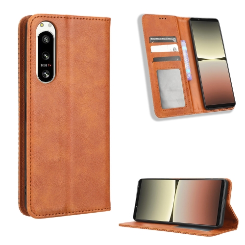 

For Sony Xperia 5 IV Magnetic Buckle Retro Texture Leather Phone Case(Brown)