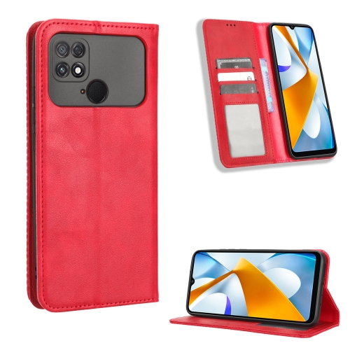 

For Xiaomi Poco C40 Magnetic Buckle Retro Texture Leather Phone Case(Red)