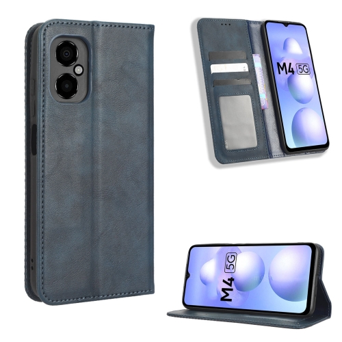 

For Xiaomi Poco M4 5G Magnetic Buckle Retro Texture Leather Phone Case(Blue)
