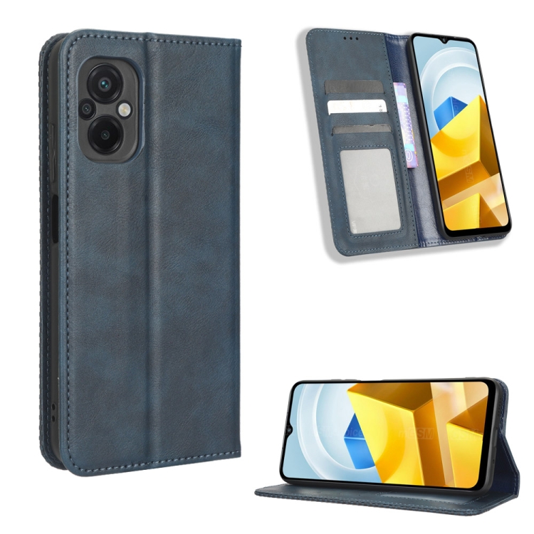 

For Xiaomi Poco M5 Magnetic Buckle Retro Texture Leather Phone Case(Blue)
